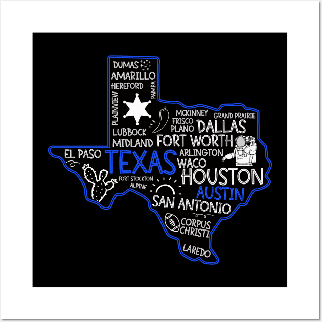 Austin Texas cute map San Antonio El Paso Dallas Laredo Waco TX state Wall Art by BoogieCreates